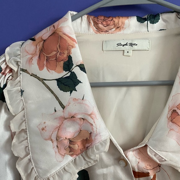 simple retro wide collar frill puff sleeve rose satin dress - Picture 2 of 5